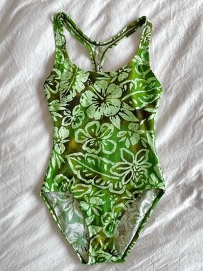 Vintage Sandcastle by Cole Ribbed Hibiscus Print Green One Piece